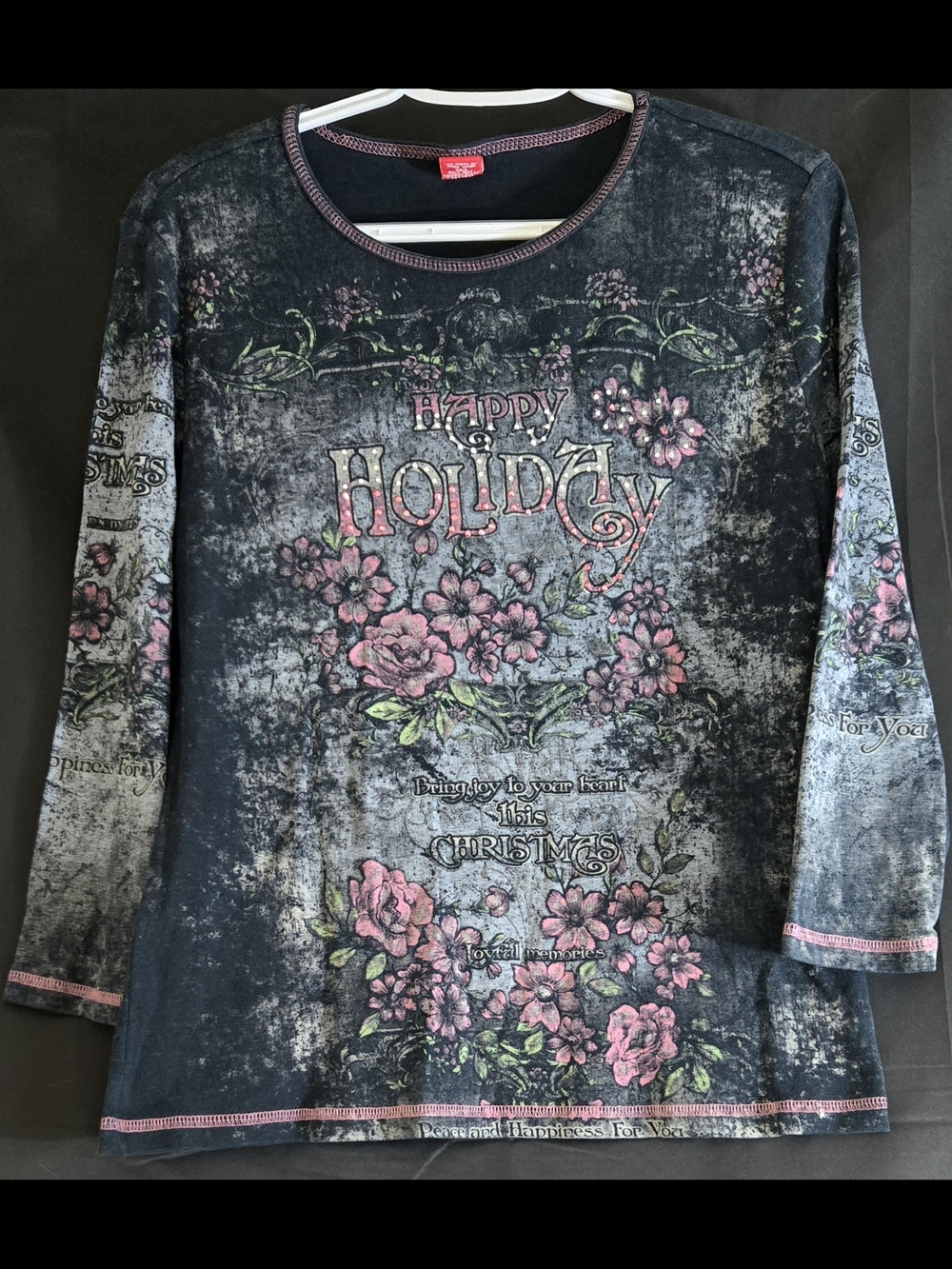 Happy Holiday Womens Long Sleeve Floral Graphic Top - Pink on Black #477